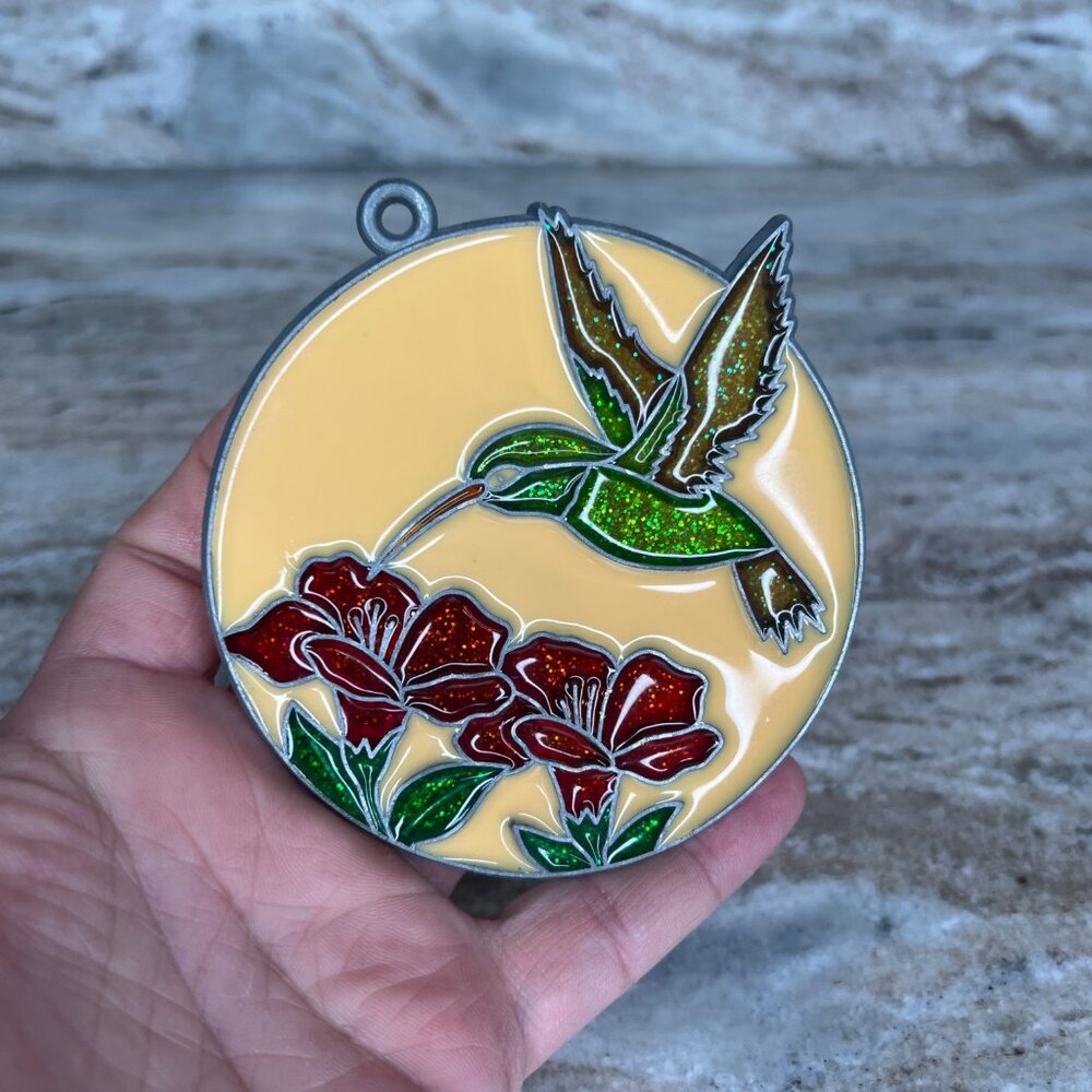Stained Glass Hummingbird & Flowers Suncatcher Round Hanging Ornament 3 Inches